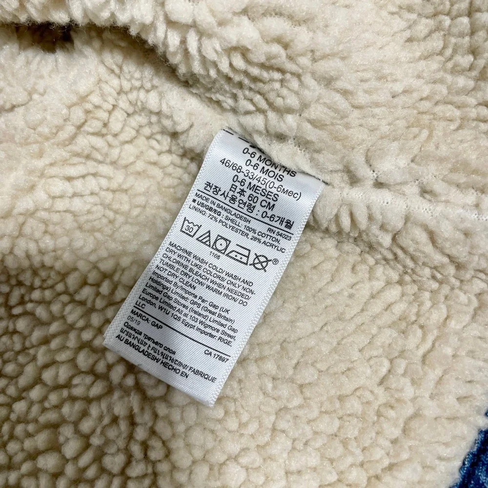 Gap Baby Bear Ear Denim Jacket Sherpa Borg Lined Blue Hooded Coat 0-6 Months